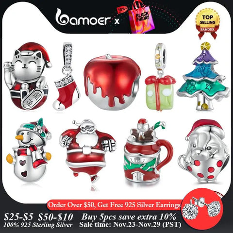 Bamoer 925 Sterling Silver Christmas Collection Santa Claus Charm Apple Beads for Women Bracelet & Bangle DIY Christmas Gift