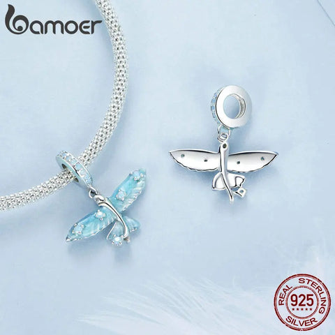 BAMOER 925 Sterling Silver Blue Enamel Flying Fish Pendant Charm Pave Setting CZ for Women Bracelet and Necklace DIY Accessories