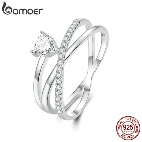 Bamoer 925 Sterling Silver Multi-layer Ring Geometric Round Finger Rings for Women Original Design Heart Zircon Fine Jewelry