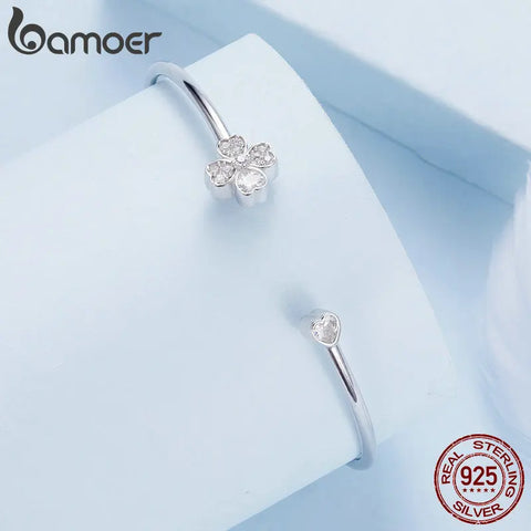 Bamoer 925 Sterling Silver Lucky Four-Leaf Clover Open Bracelet Korean Style Chain Link for Women Birthday Gift BSB134