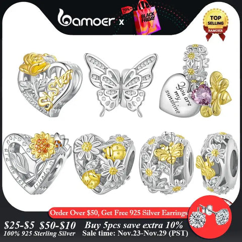 Bamoer 925 Sterling Silver Daisy Heart Beads Sunflower Pendant Charms for Women Bracelet and Necklace DIY Fine Jewelry