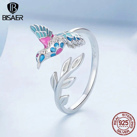 BISAER 925 Sterling Silver Kingfisher Bird Jewerly Set Ring Stud Earring Enamel Process Plated Platinum for Women Party Gift