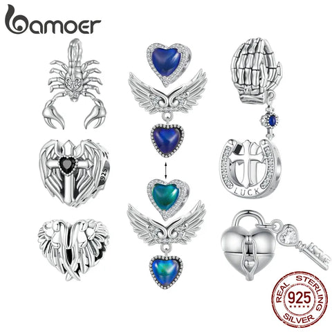 Bamoer 925 Sterling Silver Lock and Key Charms Punk Style Heart Shape Feather Bead for Women Bracelet and Bangle DIY