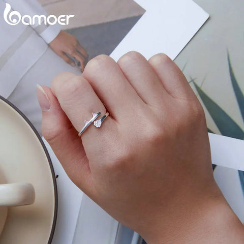 Bamoer 925 Sterling Silver Pink Cat Ears and Paw Opening Ring Cute Pet Simple Adjustable Ring for Women Birthday Gift BSR316