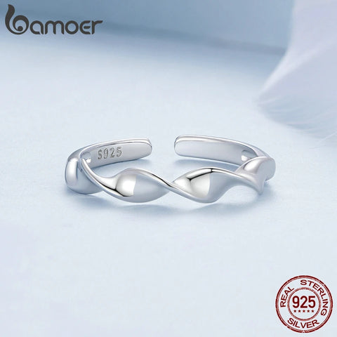 Bamoer 925 Sterling Silver Simple Twisted Opening Ring Sea Wave Adjustable Ring for Women Party Minimalist Fine Jewelry