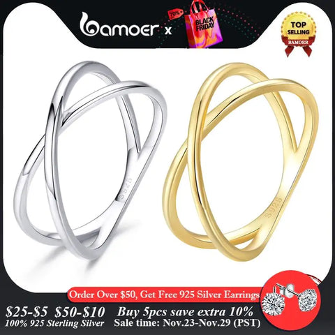 BAMOER 14K Gold Plated X Ring Dainty Minimalist 925 Sterling Silver Cross Ring for Women Promise Jewelry SCR543