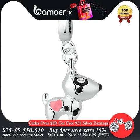 BAMOER Silver Color Pink Heart Dog Animal Pendants Charms Fit Bracelets Necklaces Women Cute Beads & Jewelry Making PA5328