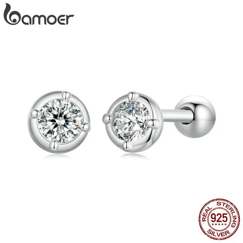 BAMOER 925 Sterling Silver Bezel Setting Moissanite Stud Earrings Round Cut Lab Diamond Earrings for Women Wedding Jewelry Gift