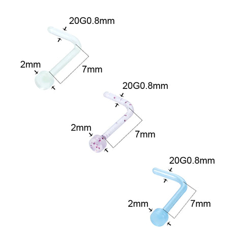 8Pcs/lot Acrylic L Shape Nose Stud Luminous 2mm Clear Nose Ring Set Nose Screw Piercings Nariz Nose Piercing Body Jewelry 20G