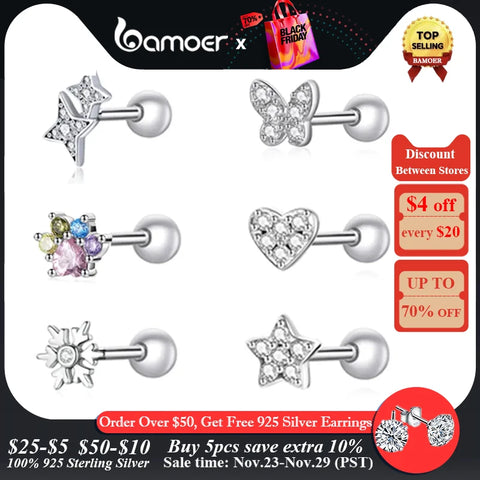 Bamoer 925 Sterling Silver Brilliant Star Earrings for Women Tiny Butterfly Stud Earrings Snowflake Girl Ear Studs Fine Jewelry