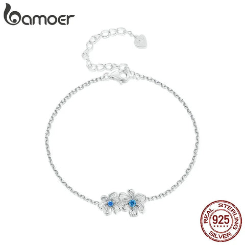 Bamoer 925 Sterling Silver Delicate Flower Bracelet Blue Zircon Adjustable Chain Link for Women Fine Jewelry Gift BSB138