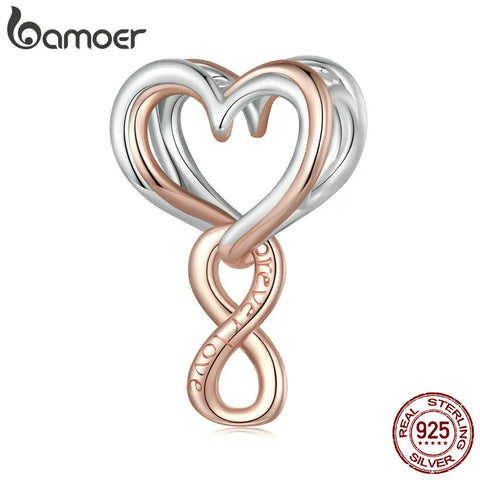 BAMOER 925 Sterling Silver Two-tone Heart Beads Rose Gold Infinite Love Charm for Women Original Bracelet & Bangle Fine Jewelry