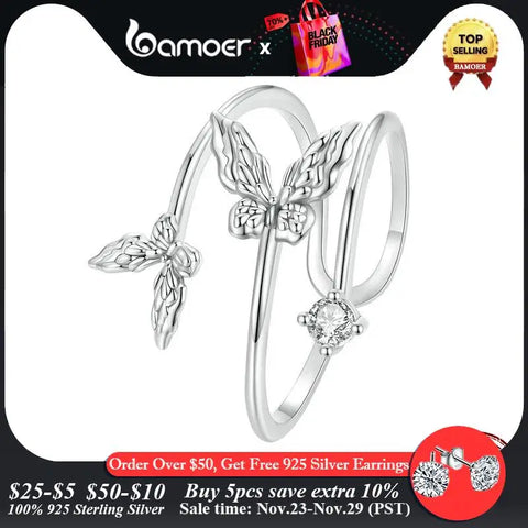 BAMOER Solid 925 Sterling Silver Butterfly Adjustable Open Ring Anniversary Birthday Jewelry Gifts for Women Girls
