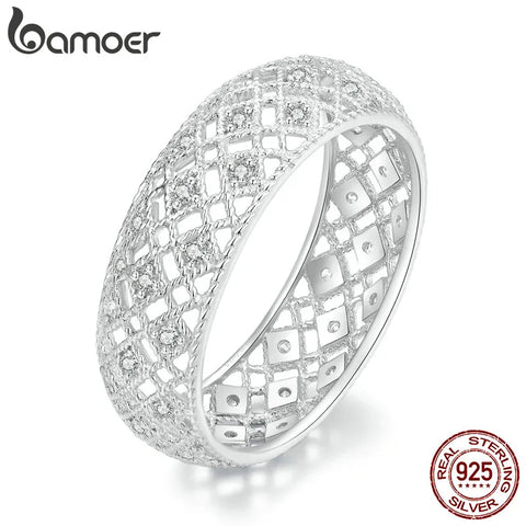 Bamoer 925 Sterling Silver Original Design Hollow Pattern Wide Finger Ring Pave Setting CZ for Women Exquisite Jewelry BSR333
