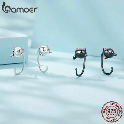 BAMOER Authentic 925 Sterling Silver Minimalist Black Cute Cat Stud Earrings for Women Fashion Jewelry Animal Gift SCE1125