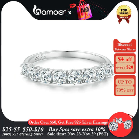 BAMOER 0.8CT D Color VVS1 EX Round Moissanite Ring 925 Sterling Silver Eternity Ring Women Engagement Wedding Luxury Band