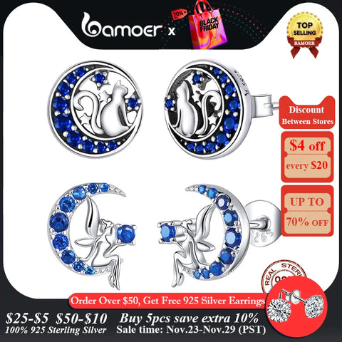 Bamoer Genuine 925 Sterling Silver Blue Zircon Crescent Moon Stud Earrings Cat on the Moon Fairy Ear Pins for Women SCE880