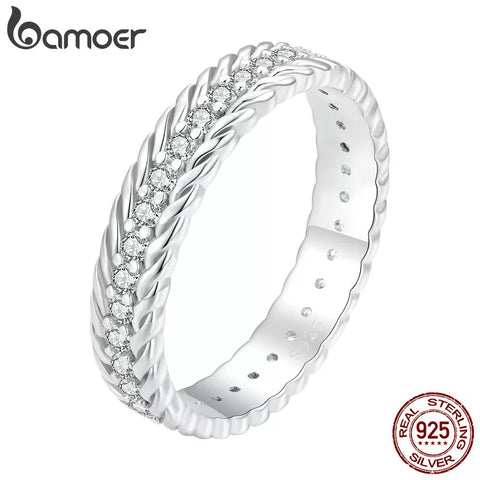 Bamoer 925 Sterling Silver Simple Twisted Ring Eternity Band Pave Setting CZ for Women Engagement Anniversary Gift Fine Jewelry