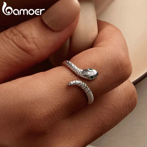 BAMOER 925 Sterling Silver Adjustable Snake Ring Platinum Plated Green Zircon Retro Textures Snake Ring Fashion Jewelry