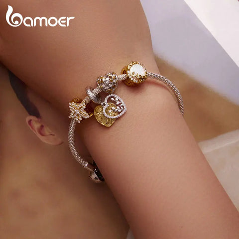 Bamoer 925 Sterling Silver Heart-shaped Leaf Pendant fit for Women DIY Bracelet & Bangle Plated Gold Heart Charms Fine Jewelry