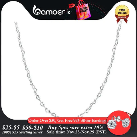 Bamoer Real 925 Sterling Silver Trendy Heart-Shaped Basic Chain Link Lobster Clasp Adjustable Necklace for Women