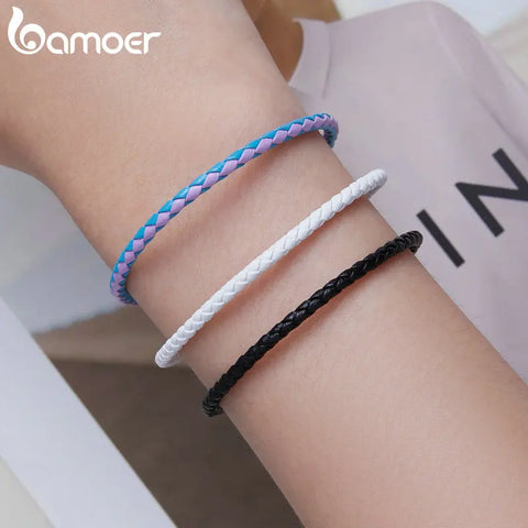 Bamoer 925 Sterling Silver Adjustable Simple Leather Bracelet for Women Fine Jewelry Basic Blue & Pink Bracelet Rope Gift SCB243