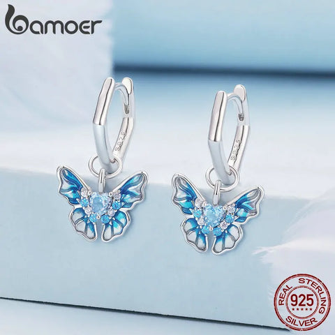 Bamoer 925 Sterling Silver Blue Butterfly Ear Buckles Heart Shape Hoop Earrings for Women Pave Setting CZ Fine Jewelry
