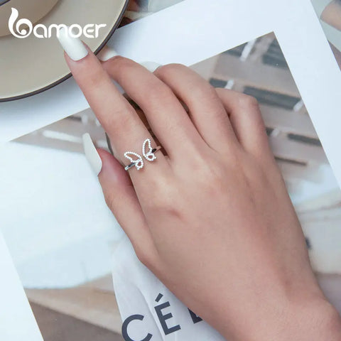 Bamoer Authentic 925 Sterling Silver Delicate Brilliant Butterfly Opening Ring for Women Eternity Band Party Fine Jewelry BSR278