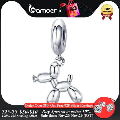 BAMOER Genuine 925 Sterling Silver Balloon Dog Pendant Animal Charms Fit for Charm Bracelets & Necklace Silver Jewelry SCC981