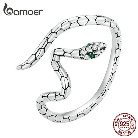 Bamoer 925 Sterling Silver Green Zircon Snake Opening Ring Irregular Adjustable Ring for Women Original Design Jewelry BSR347