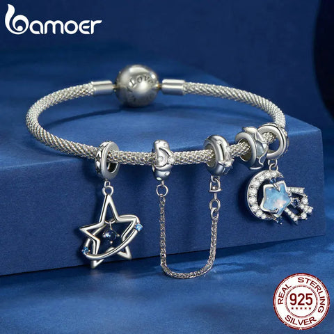 BAMOER 925 Sterling Silver Dreamy Star Pendant Beads, Shiny CZ Charms Compatible with Women's Bracelet Necklace