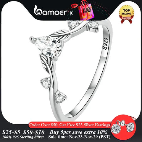 Bamoer 925 Sterling Silver Rattan & Water-drop Shaped Zircon Ring Vine Finger Ring for Women Exquisite Fine Jewelry BSR308