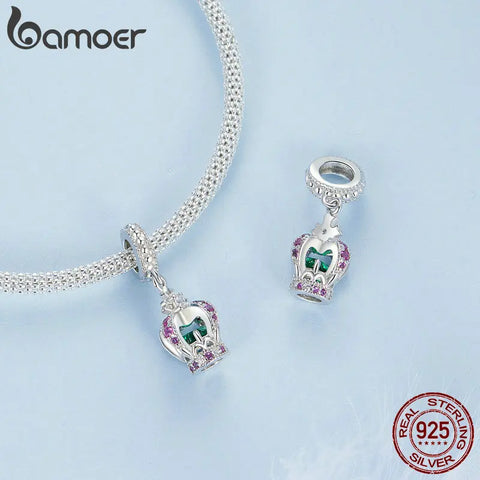 BAMOER 925 Sterling Silver Exquisite Princess Crown Charm Beads Pink Green CZ Pendant for Bracelets DIY Accessories