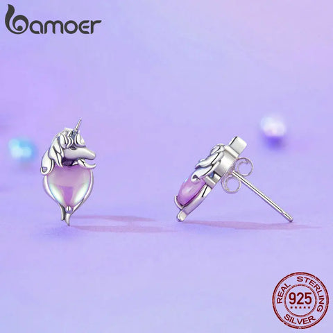 BAMOER Hypoallergenic Unicorn Stud Earrings for Women 925 Sterling Silver Earrings Jewelry Gifts for Sensitive Ears