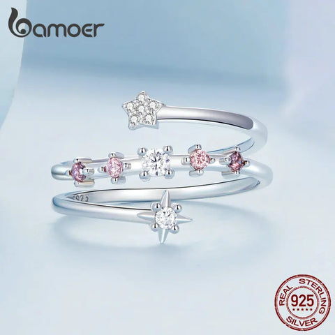 Bamoer 925 Sterling Silver Multi-layer Star Ring Clear and Red Zircon Ring for Women Fashion Birthday Gift Fine Jewelry BSR310
