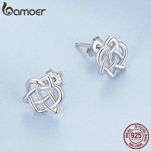 BAMOER 925 Sterling Silver Celtic Knot Ear Studs Earrings Heart Shape Twisted Line Earrings for Women Trendy Jewelry Gift