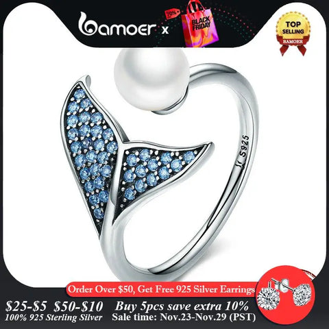 Bamoer 925 Sterling Silver Blue CZ Dolphin Tail Opening Finger Ring Shell Pearl Adjustable Ring for Women Jewelry Gift SCR286