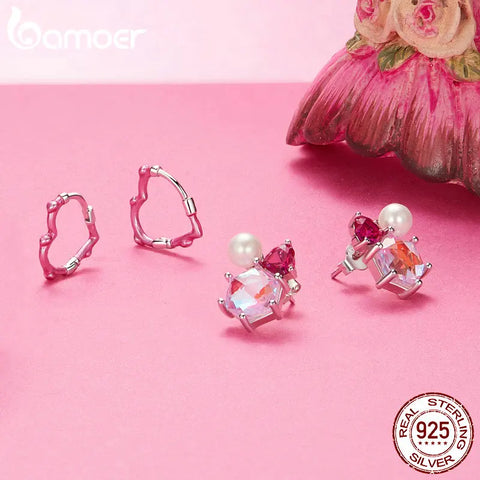 BAMOER 925 Sterling Silver Pink Heart-shaped Ear Buckles Two-Tone Hoop Earrings for Women Party Sweet Fine Jewelry Gift