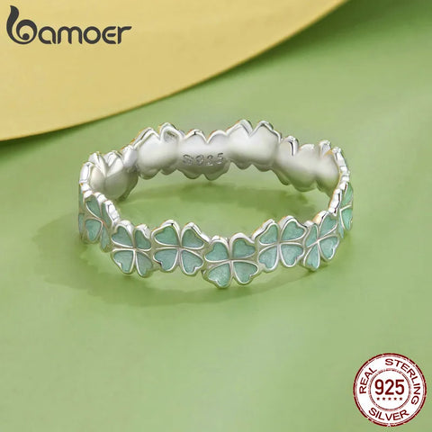 Bamoer 925 Sterling Silver Four-Leaf Clover Ring Mint Green Leaves Vine Ring Fine Jewelry Gift for Women Party