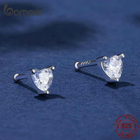 Bamoer 925 Sterling Silver Mini Heart Star and Moon Stud Earrings Shiny Zircon Earrings for Women without earring Back Finding
