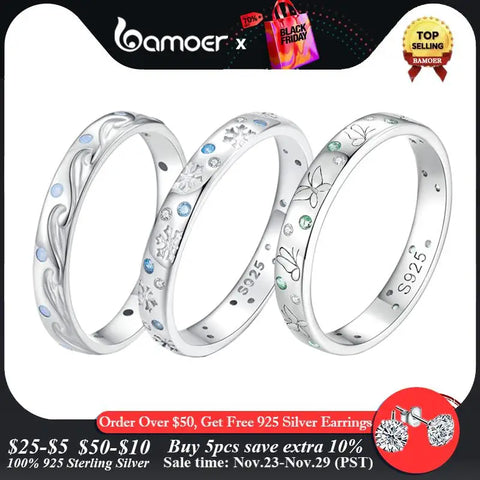 Bamoer 925 Sterling Silver Season Series Sea Wave Finger Ring Butterfly Ring Leaf Band for Women Birthday Gift Fine Jewelry