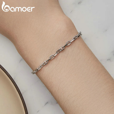Bamoer 925 Sterling Silver 3mm Basic Bracelet Square Shaped Chain Link Silver Jewelry For Men & Women SCB254