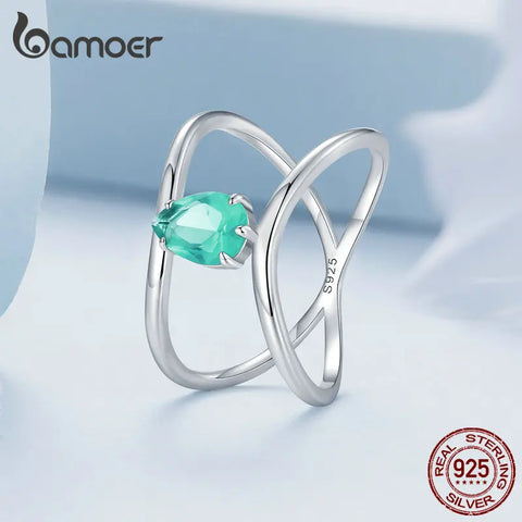 Bamoer 925 Sterling Silver Double-layer Cross Ring Light Green Glass Geometric Line Ring Platinum Plated Fine Jewelry for Women