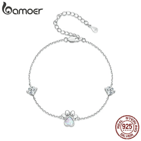 Bamoer 925 Sterling Silver Opal Paw Print Bracelet Original Design Pet Series Bracelet Women Silver Jewelry SCB256