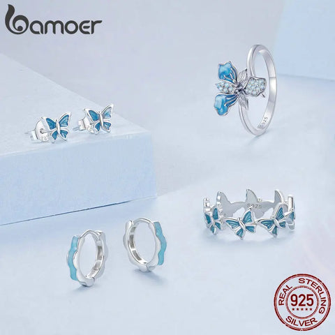 BAMOER 925 Sterling Silver Blue Enamel Flower Shape Ear Buckles Huggie Studs for Women Plated Platinum Fine Jewelry