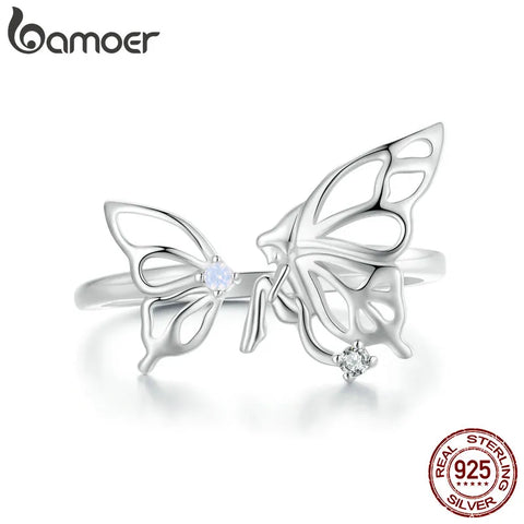Bamoer 925 Sterling Silver Hollow-out Delicate Butterfly Opening Ring Elf Adjustable Ring for Women Fine Jewelry