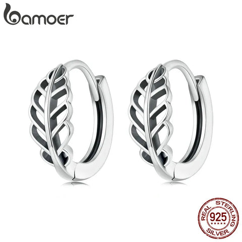 Bamoer 925 Sterling Silver Autumn Leaf Ear Buckles Hollow-out Leaves Hoop Earrings for Women Girls Simple Fine Jewelry