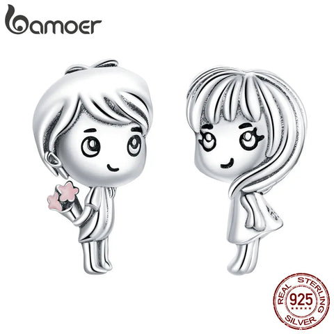 Bamoer 925 Srerling Silver Boy and Girl Pendant Charm for Original Bracelet Metal Beads Valentine Gifts SCC1334