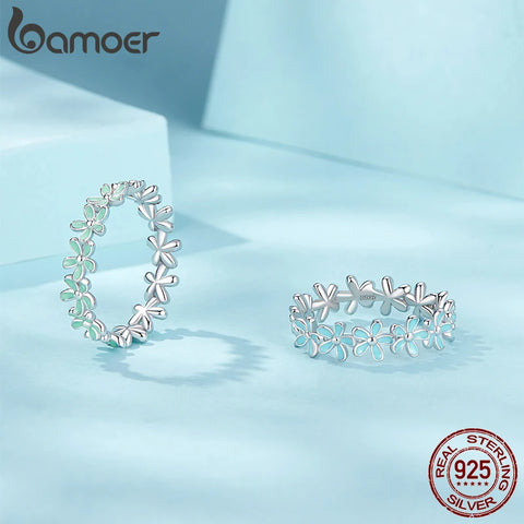 Bamoer 925 Sterling Silver Green Wreath Finger Ring Enamel Flower Ring for Women Valentine's Day Gift Romantic Fine Jewelry