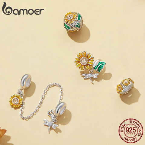 Bamoer 925 Sterling Silver Enamel Sunflower Beads Dragonfly Silica Gel Safety Chain for Women Bracelet and Bangle DIY